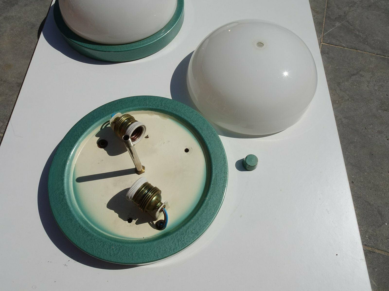 Industrial Metalic Green Lacquered Ceiling Lamp In White Opaline Glass, 1940s photo 194.0