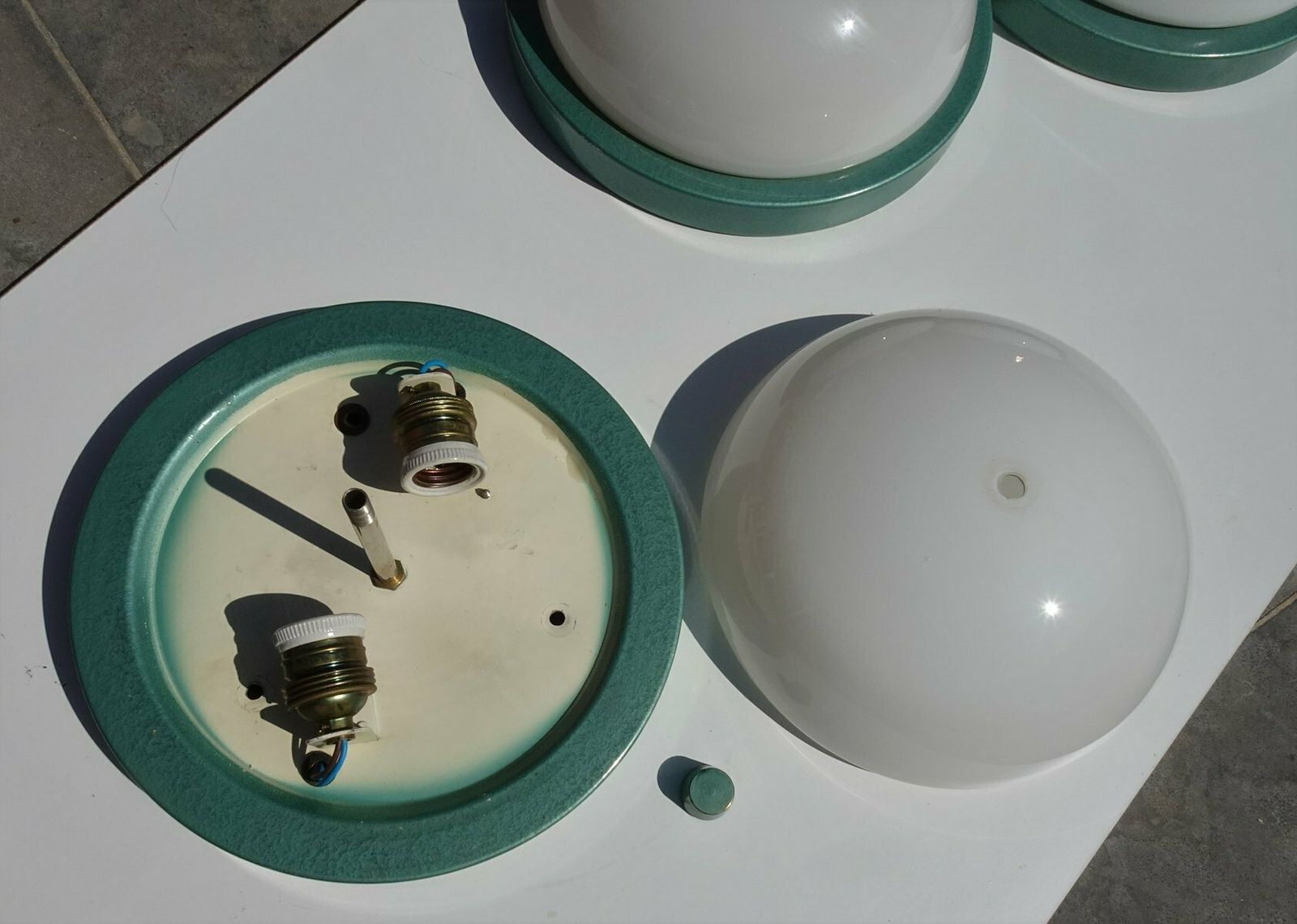 Industrial Metalic Green Lacquered Ceiling Lamp In White Opaline Glass, 1940s photo vintage