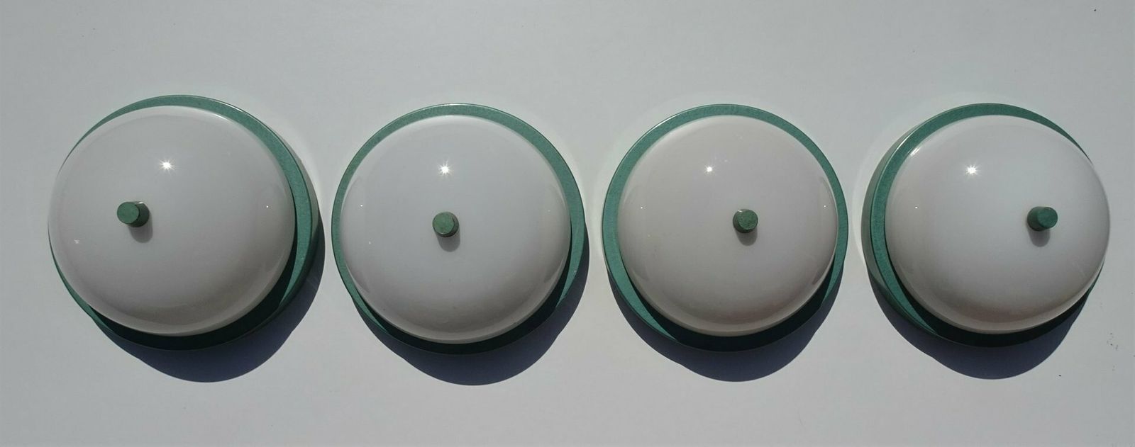 photo for sale Industrial Metalic Green Lacquered Ceiling Lamp In White Opaline Glass, 1940s