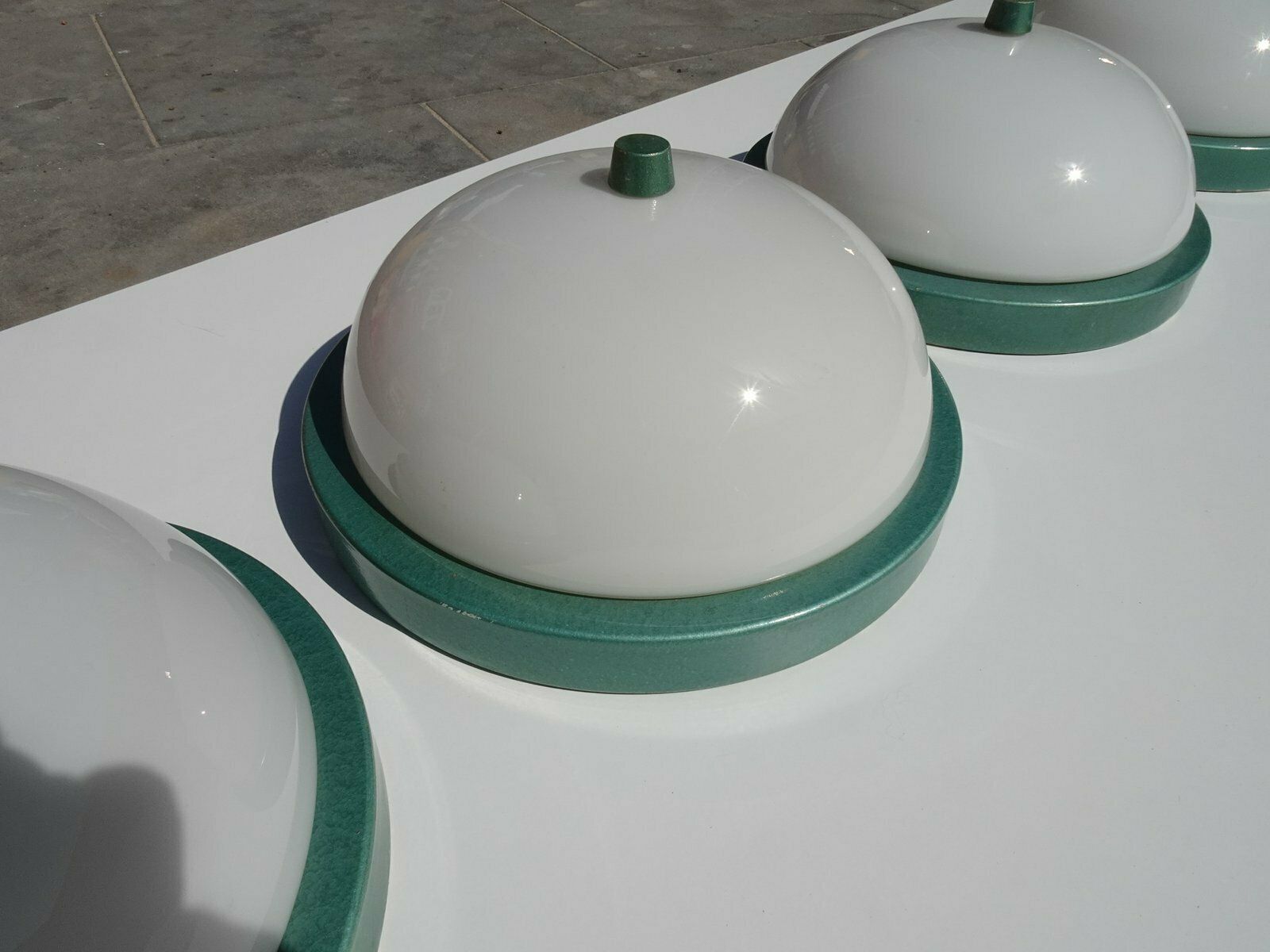 Lighting Industrial Metalic Green Lacquered Ceiling Lamp In White Opaline Glass, 1940s photo