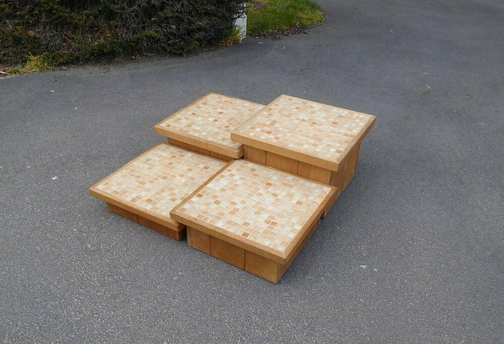 Modular Pink Mosaic And Inlaid Oak Coffee Table, 1960s, Set Of 4 photo furniture