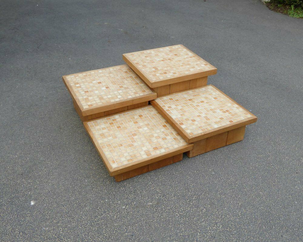 Furniture Modular Pink Mosaic And Inlaid Oak Coffee Table, 1960s, Set Of 4 photo