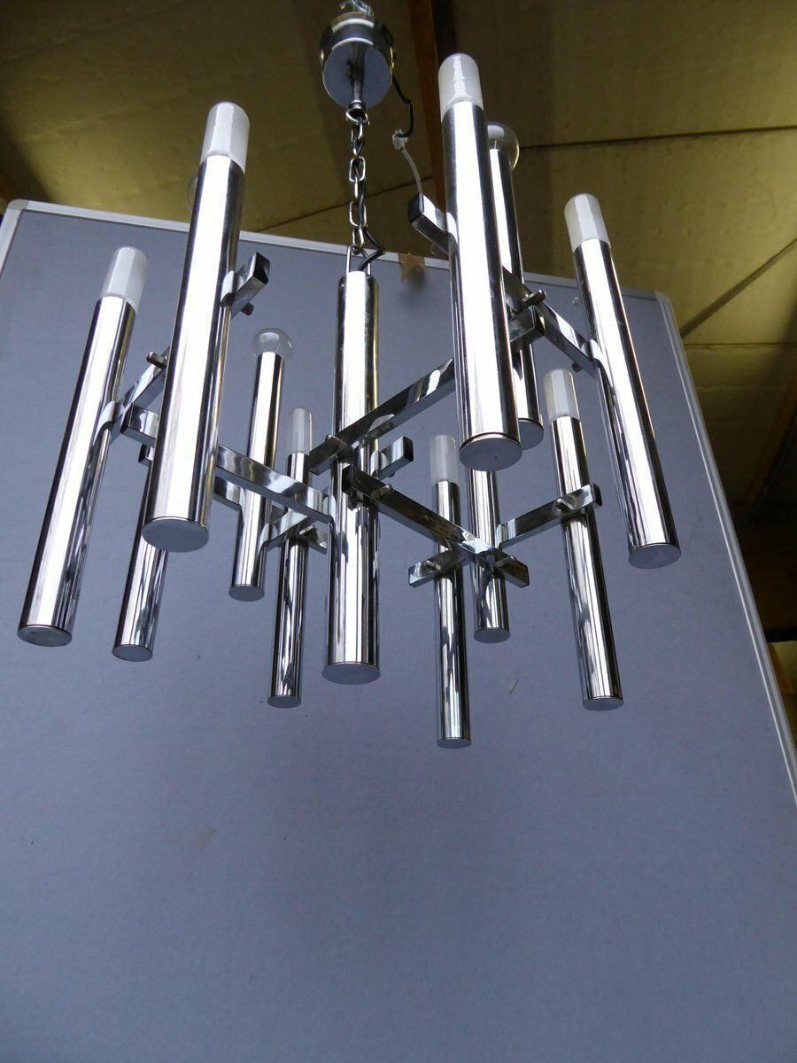 Mid Century Chrome Tubes Chandelier Ceiling Lamp By Gaetano Sciolari photo 1226.0