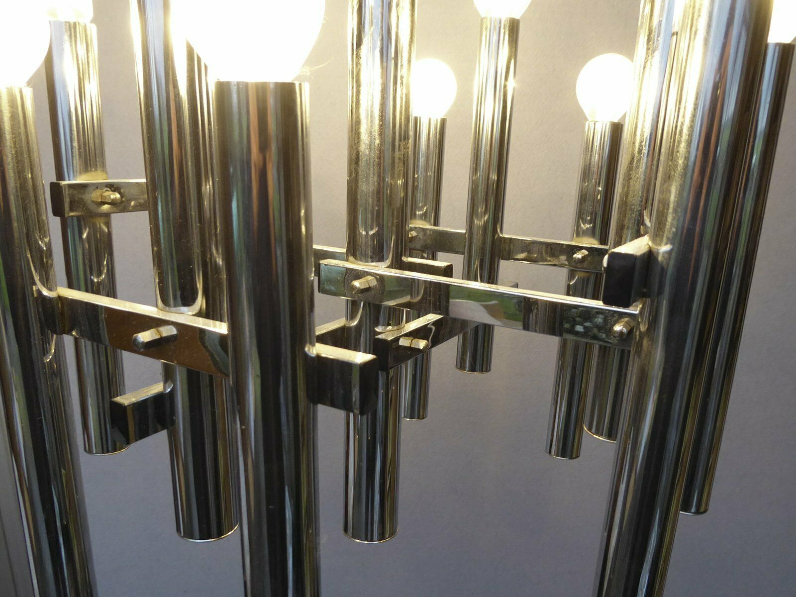 Mid Century Chrome Tubes Chandelier Ceiling Lamp By Gaetano Sciolari photo vinterior