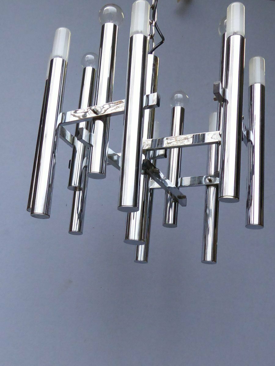 Mid Century Chrome Tubes Chandelier Ceiling Lamp By Gaetano Sciolari photo buy