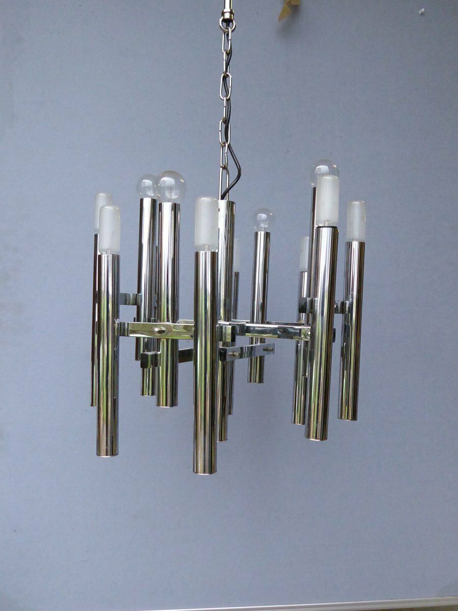 Mid Century Chrome Tubes Chandelier Ceiling Lamp By Gaetano Sciolari photo vintage