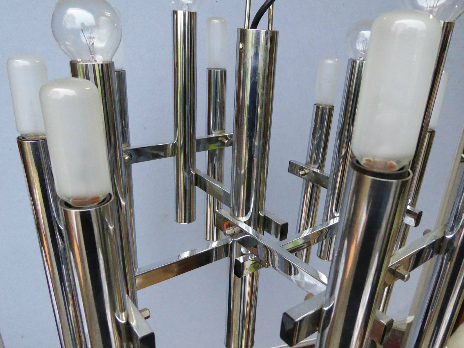 photo furniture Mid Century Chrome Tubes Chandelier Ceiling Lamp By Gaetano Sciolari