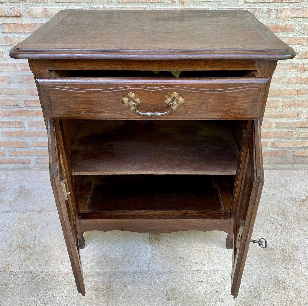 photo for sale Mid Century French Walnut Side Table With One Drawer And Double Door, 1950s