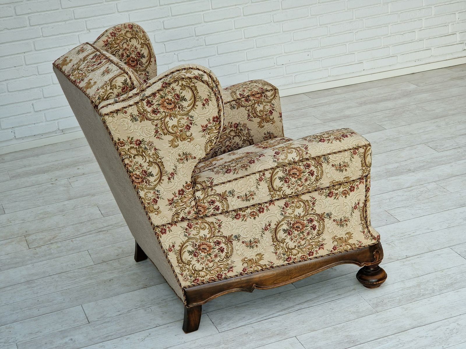 photo for sale 1950s, Danish Vintage Relax Chair In Floral Woven Fabric, Very Good Condition.