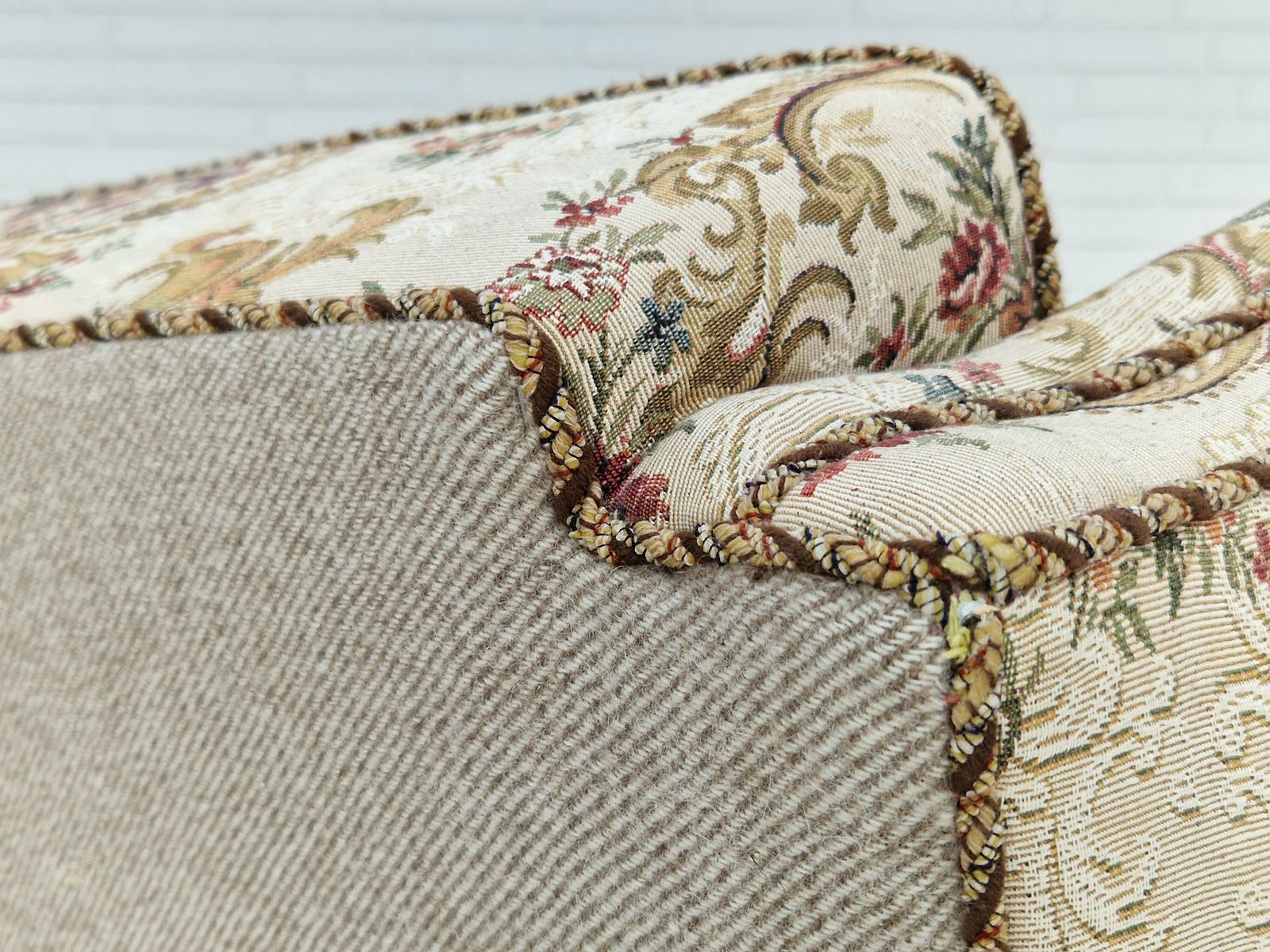 photo buy 1950s, Danish Vintage Relax Chair In Floral Woven Fabric, Very Good Condition.