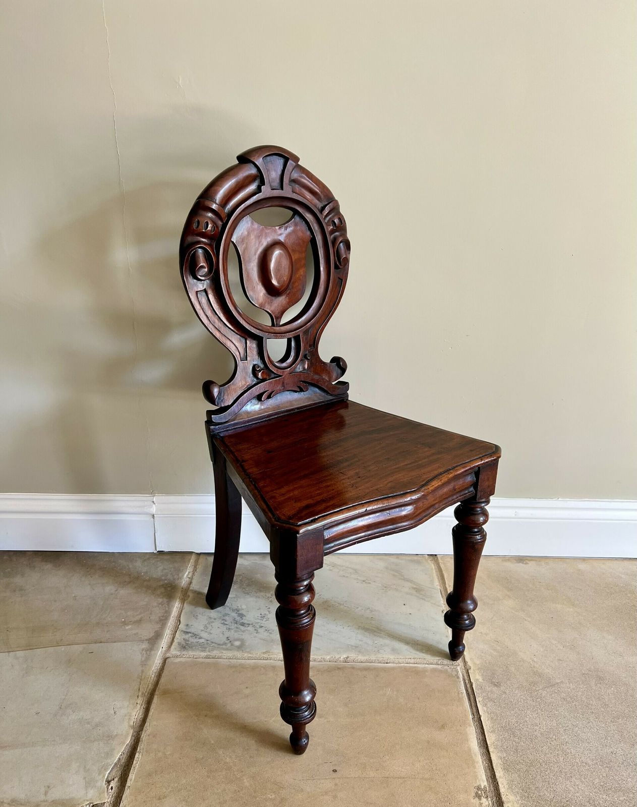 Quality Pair Of Antique Quality Carved Mahogany Hall Chairs photo Furniture