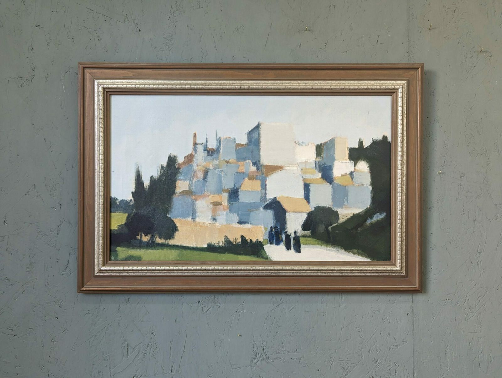 photo vinterior Stig Wernheden, Swedish Mid Century Cityscape Oil Painting, City Stroll, Framed