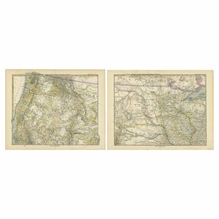 Set Of Two Antique Maps Of The Region Of Oregon, Idaho, Wyoming, Nebraska & Iowa