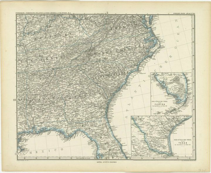 Antique Map Of Tennessee, Kentucky, Virginia, Alabama, Georgia And Surroundings