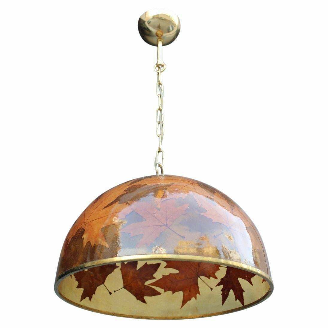 Italian Dome Chandelier In Resin With Plane Leaves Design 1970 Brass