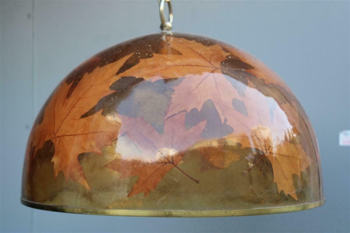 Italian Dome Chandelier In Resin With Plane Leaves Design 1970 Brass photo vinterior