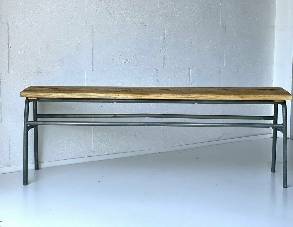 Industriële Metalen Bank Met Sparrenhout, Jaren 1970 photo furniture
