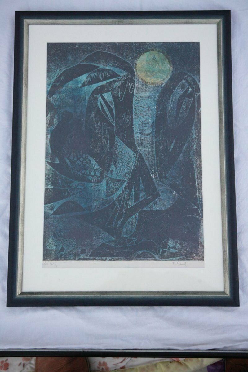 Frantisek Emler, Lovers In Moonlight, Oil On Paper, 1965, Framed photo furniture