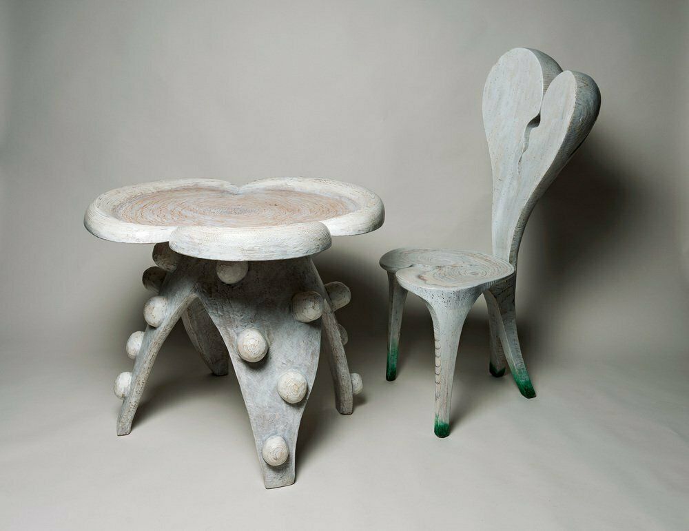 Swiss Carved Wood Alice Dining Table And Dining Chair By Yves Boucard, Set Of 2