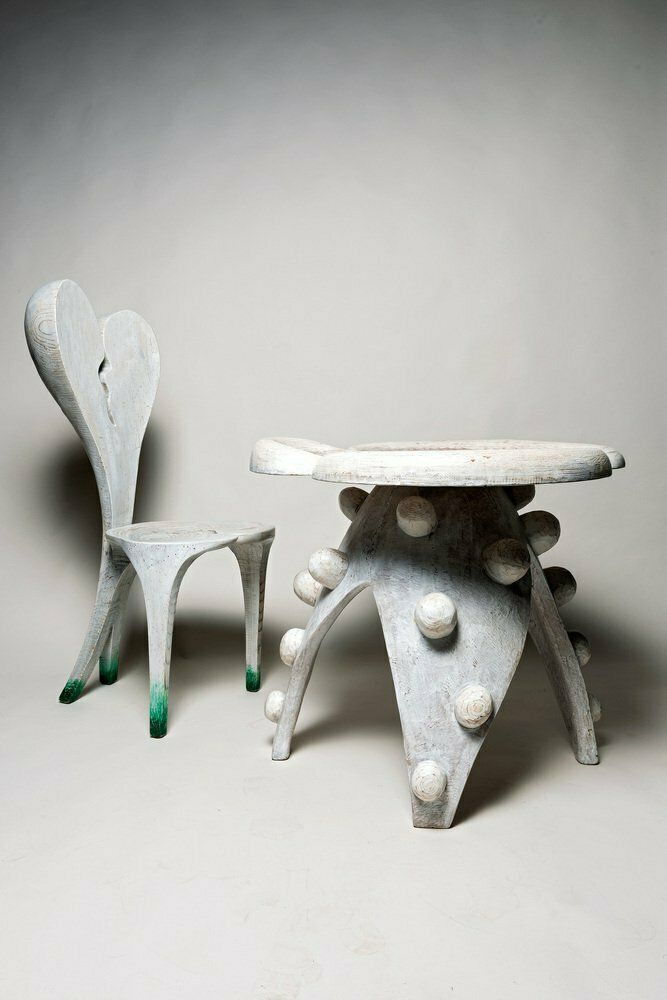 Swiss Carved Wood Alice Dining Table And Dining Chair By Yves Boucard, Set Of 2 photo furniture