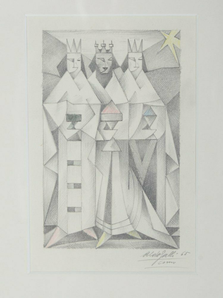 Aldo Galli, Three Kings, 1965, Pencil On Paper, Framed photo furniture