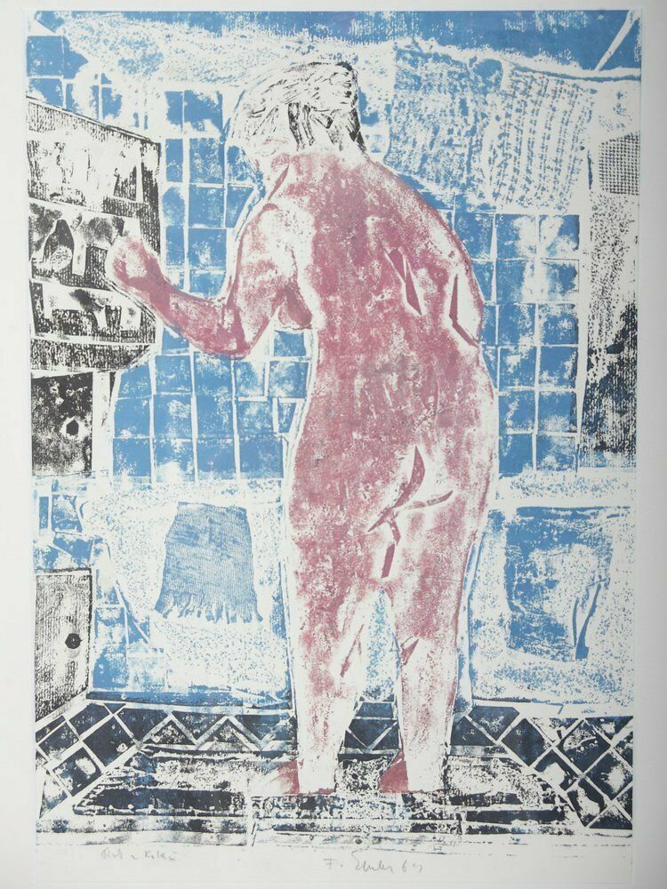 Frantisek Emler, Nude Woman In Bathroom, 1964, Oil On Paper photo furniture