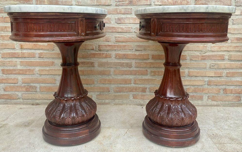 Carved Wood Demi Lune Nightstands With Marble Top, 1940, Set Of 2 photo buy