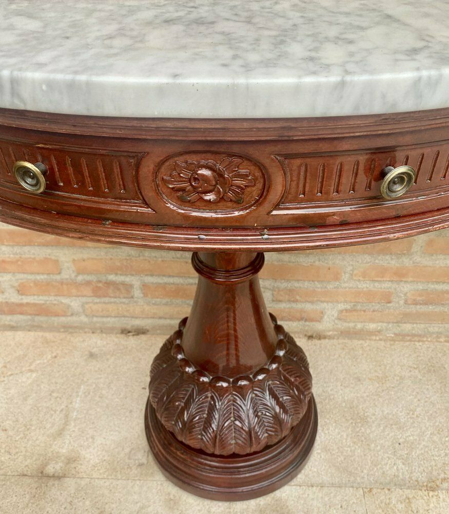 photo furniture Carved Wood Demi Lune Nightstands With Marble Top, 1940, Set Of 2