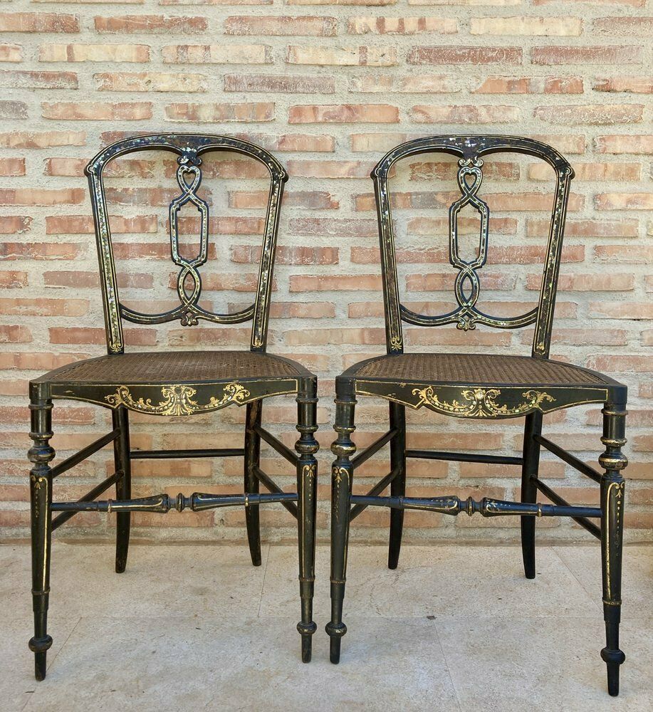 Elizabethan Chairs In Lacquered Black, 1840, Set Of 2