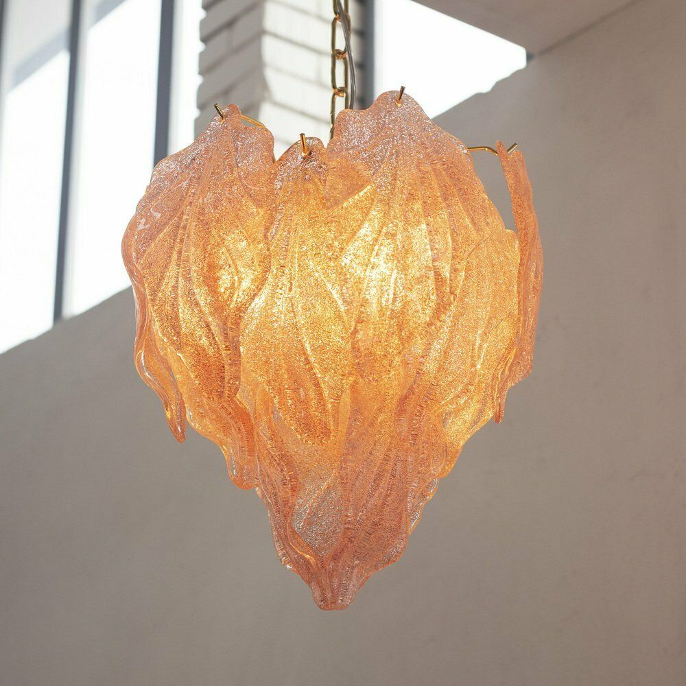 Pink Pendant Chandelier With Murano Glass Leaves, Italy, 1990s photo Lighting