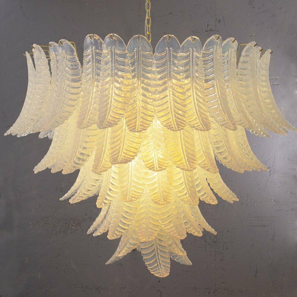 Murano Glass Pendant Chandelier With Opaline Leaves, Italy, 1990s photo for sale