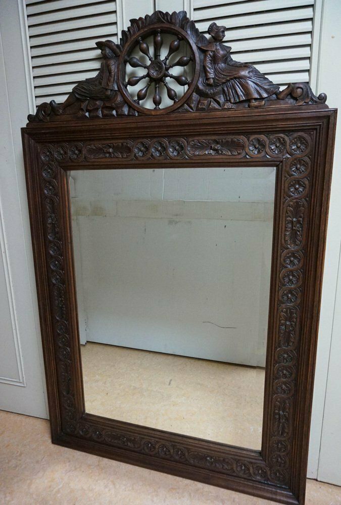 Breton Wall Mirror In Carved Oak, France, 1900s photo furniture