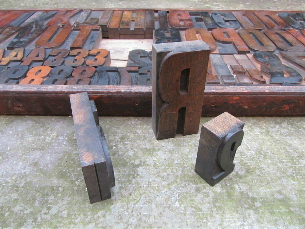 Home Decor Vintage Industrial Wooden Letters & Numbers Printing Blocks, 1930s photo