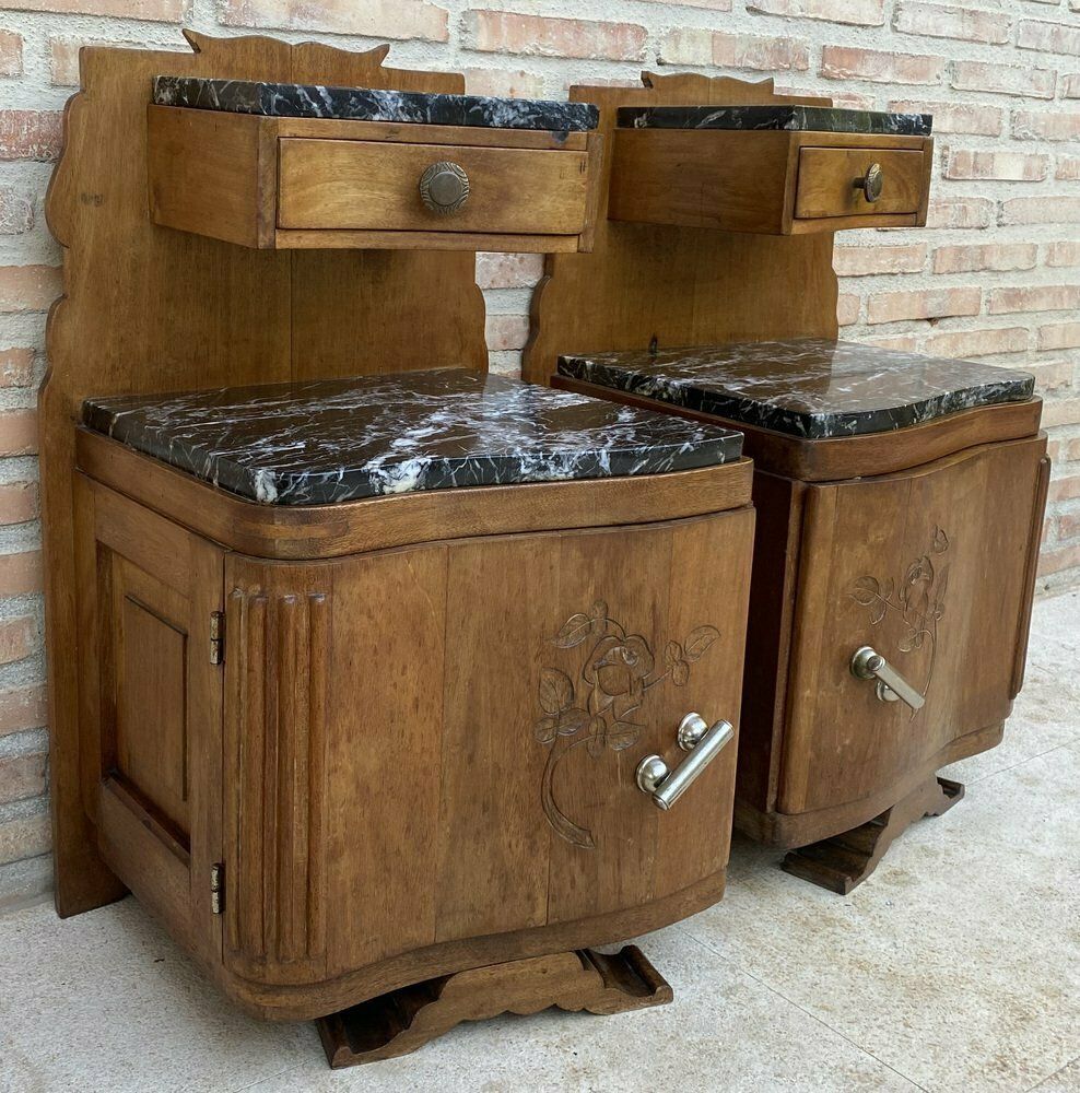 3992.0 Art Nouveau Style Carved Nightstands Or Bedside Tables With Marble Top, 1930, Set Of 2 photo
