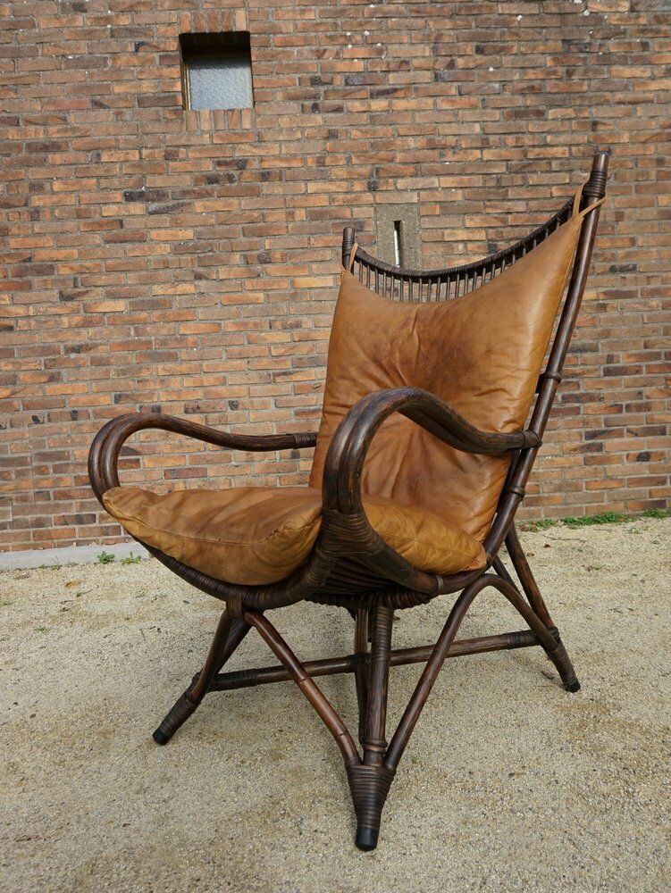 Bamboo And Leather Sculptural Fan Back Lounge Chair, 1960s photo for sale