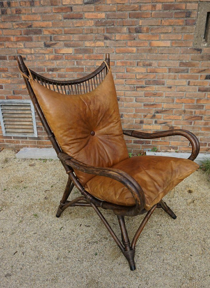 Bamboo And Leather Sculptural Fan Back Lounge Chair, 1960s photo vintage