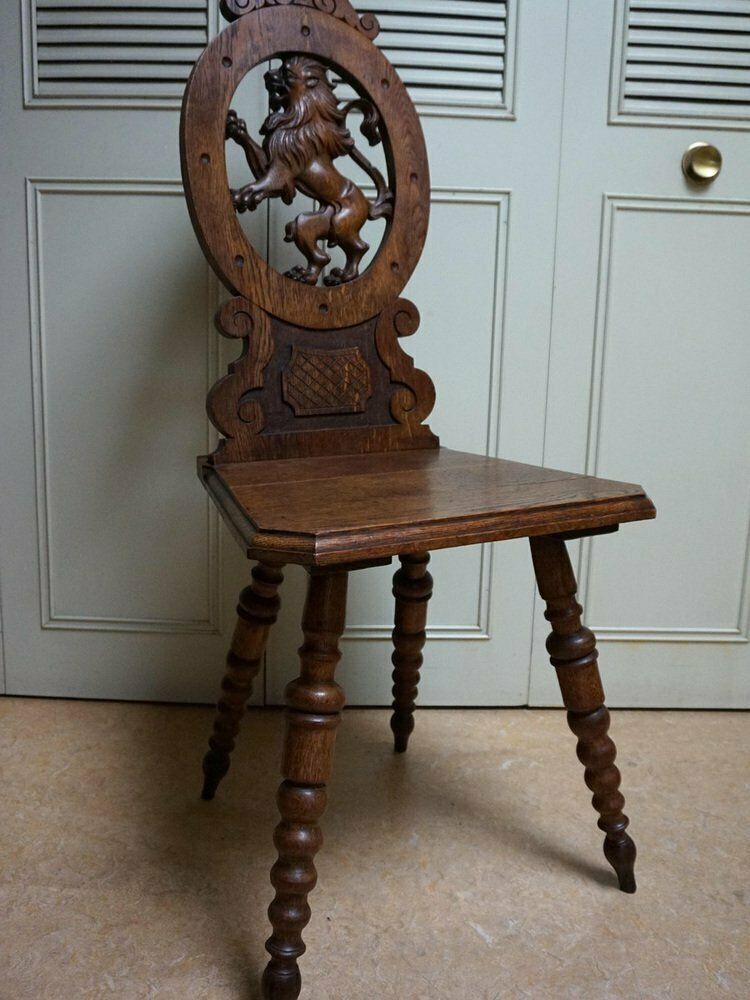 19th Century Swiss Black Forest Hand Carved Oak Side Chair With Standing Lion photo buy