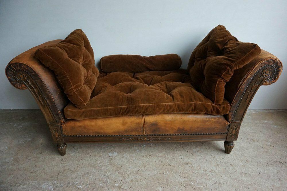 French Distressed Leather Adjustable Loveseat Or Daybed, 1900s photo for sale