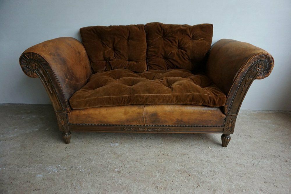 French Distressed Leather Adjustable Loveseat Or Daybed, 1900s photo Furniture