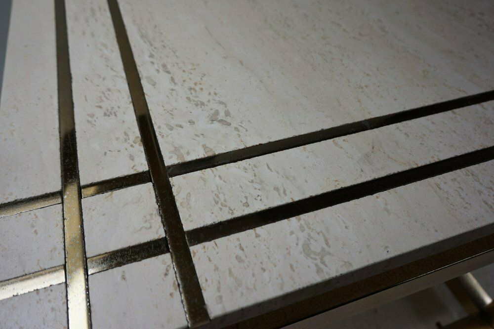 Travertine And Gold Side Table By Maison Jansen Alain Delon For Mario Sabot, 1970s photo vinterior