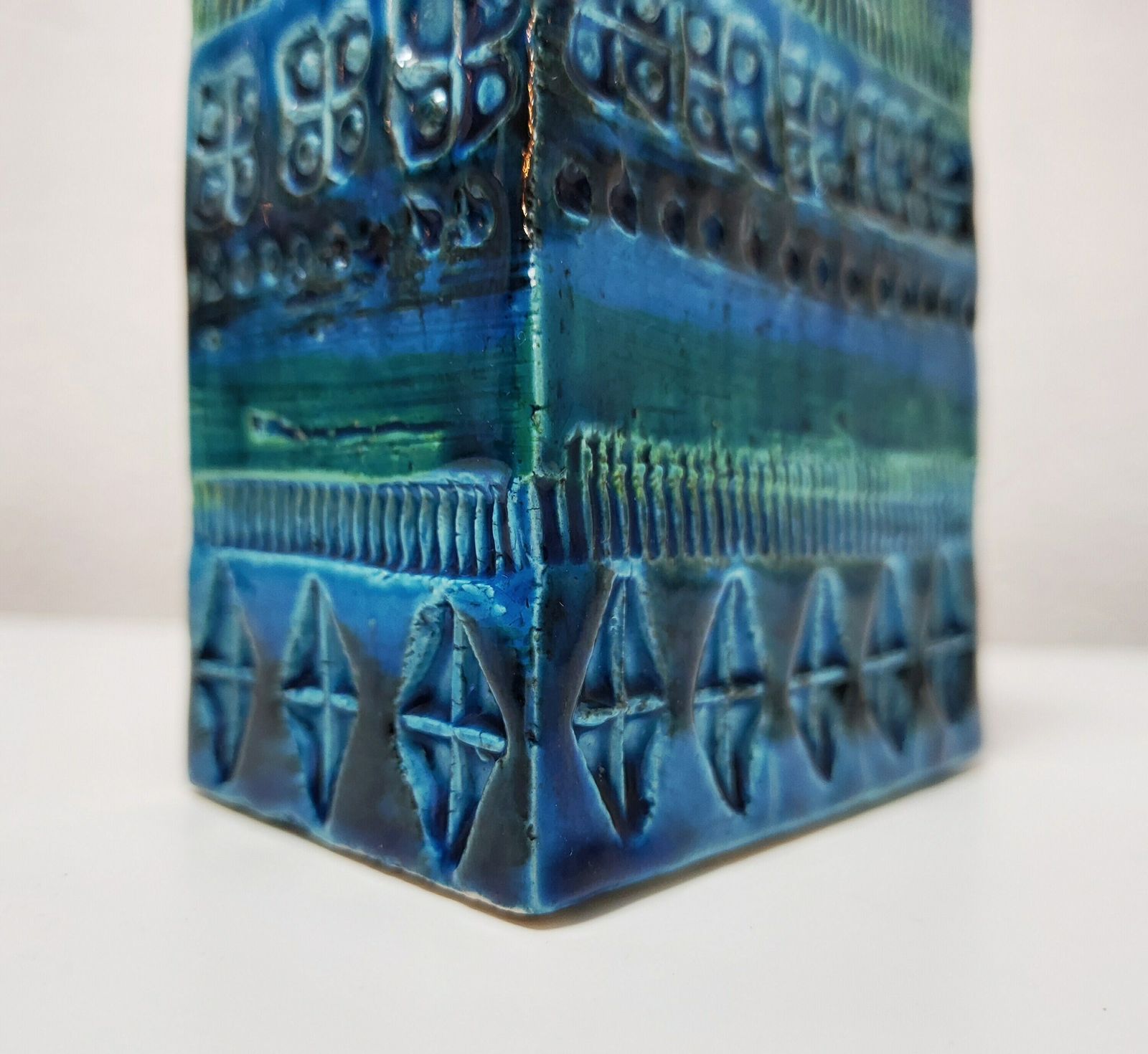 Mid Century Modern Rectangular Glazed Cerulean Blue Vase Designed By Aldo Londi For Bittossi Ceramics // Made In Italy In 1960s photo furniture