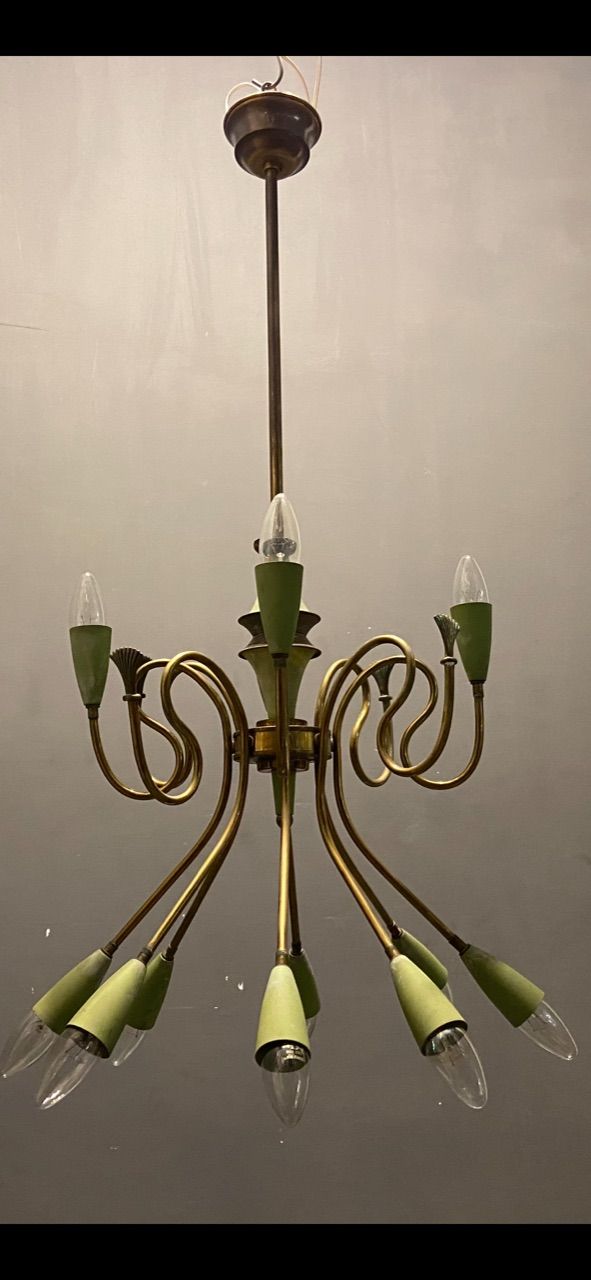 Italian Stilnovo Bronze Chandelier 1950’s photo vinterior