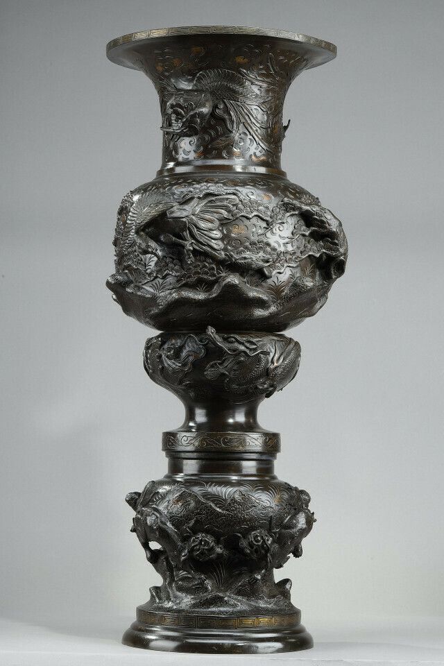 Large Bronze Vase Sculpted With Chimeras, Dragons, Birds Of Prey And Phnix. photo for sale