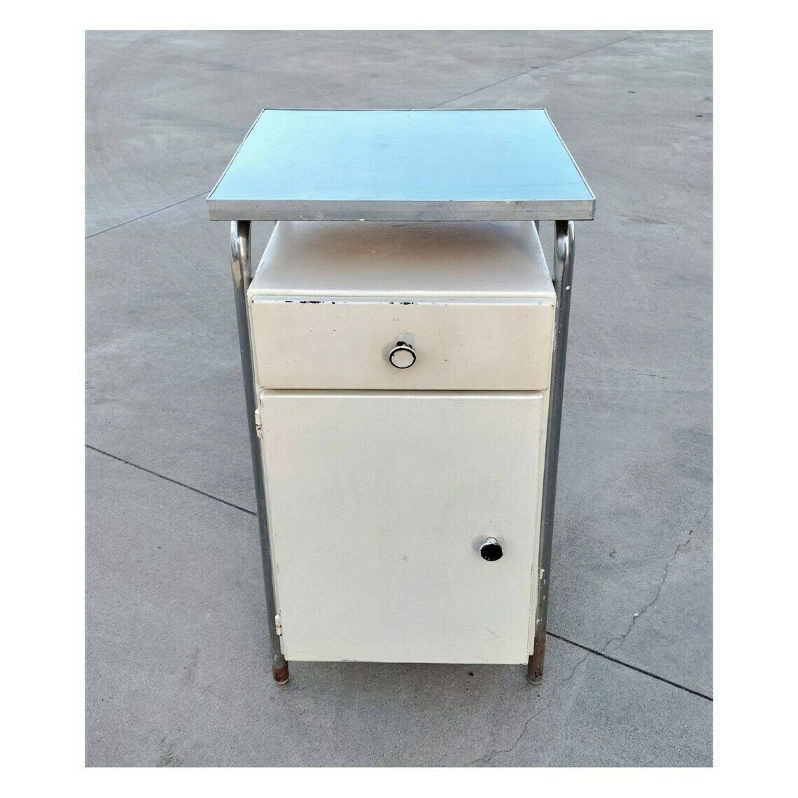 Very Rare Bauhuas Hospital Bedside Table // Bauhaus Medical Cabinet // Bauhaus Metal Nightstand // Made In Yugoslavia In 1930s photo Furniture