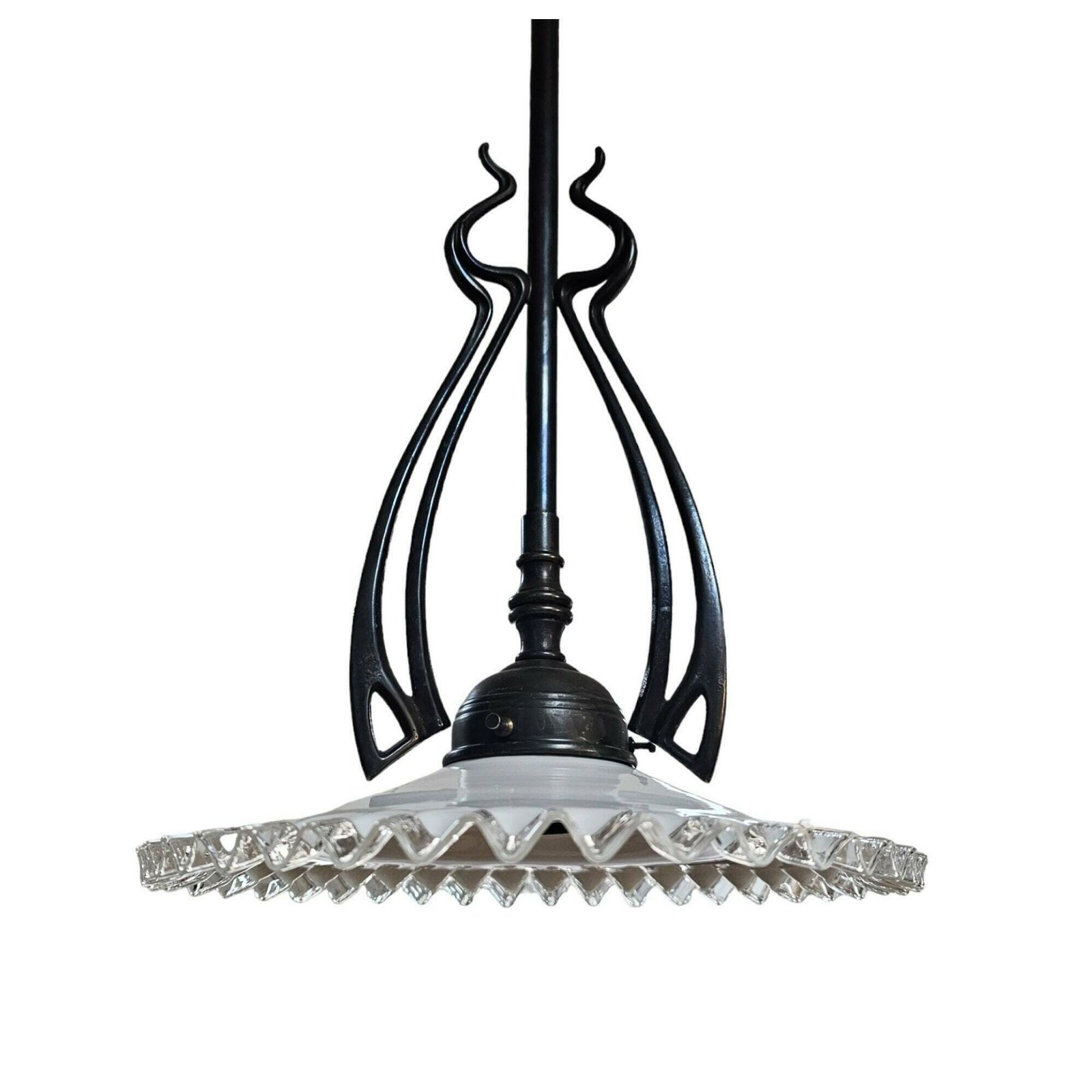 Art Nouveau Pendant Light With Floral Opaline Glass Shade