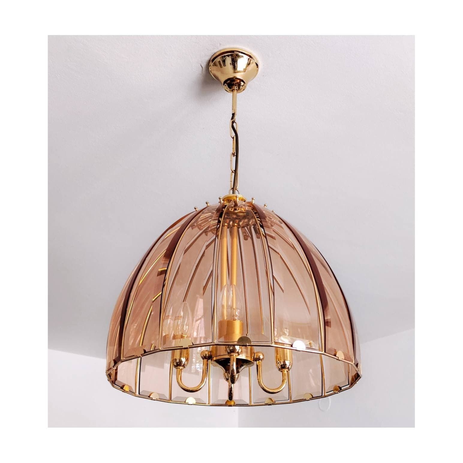 Very Rare Mid Century Modern Pendant/Chandelier By Honsel // Pink/Peach Faceted Glass Chandelier // Made In West Germany In 1970s photo furniture