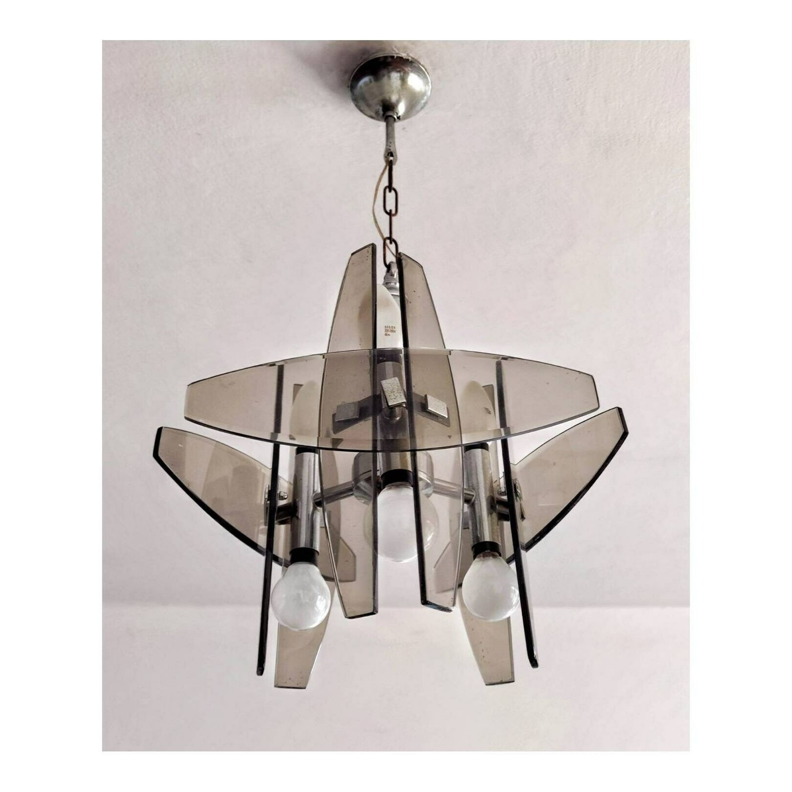 Glass Pendant Light By Veca In Chrome And Smoked Glass // Veca Chandelier In Murano Glass // Made In Italy In 1970s photo for sale