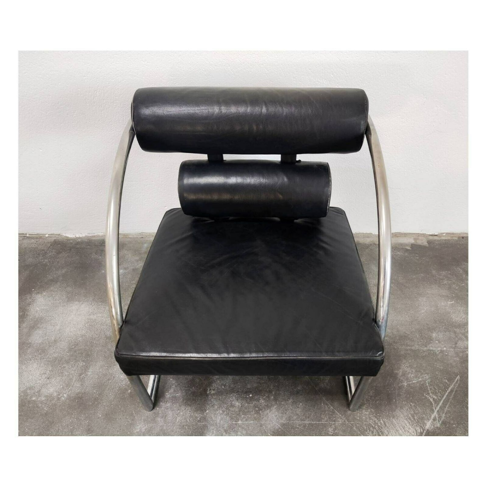 1 Of 2 Bauhaus Black Leather Armchair // Very Rare Tubular Geometric Armchair // Made In Switzerland In 1970s photo buy