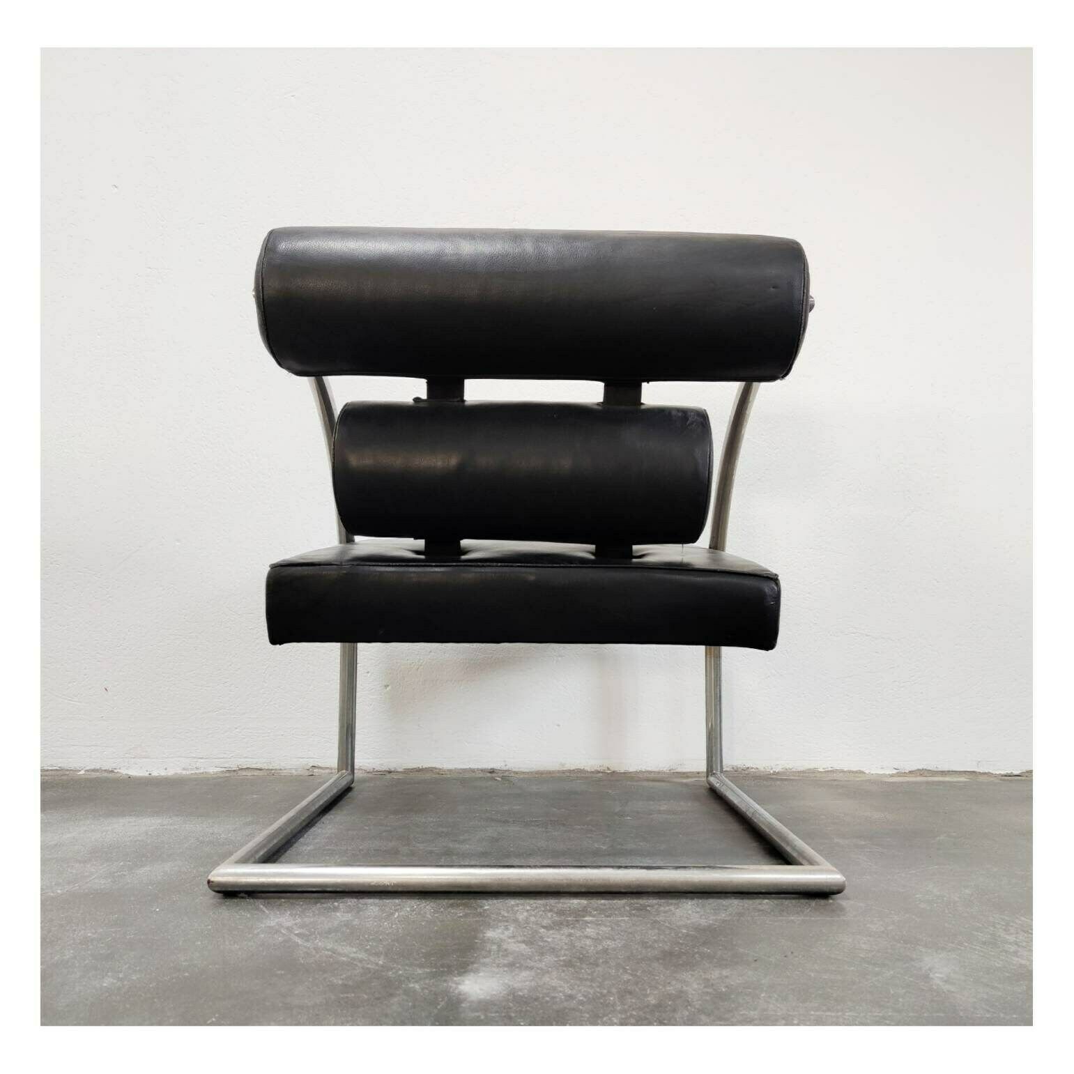 photo furniture 1 Of 2 Bauhaus Black Leather Armchair // Very Rare Tubular Geometric Armchair // Made In Switzerland In 1970s