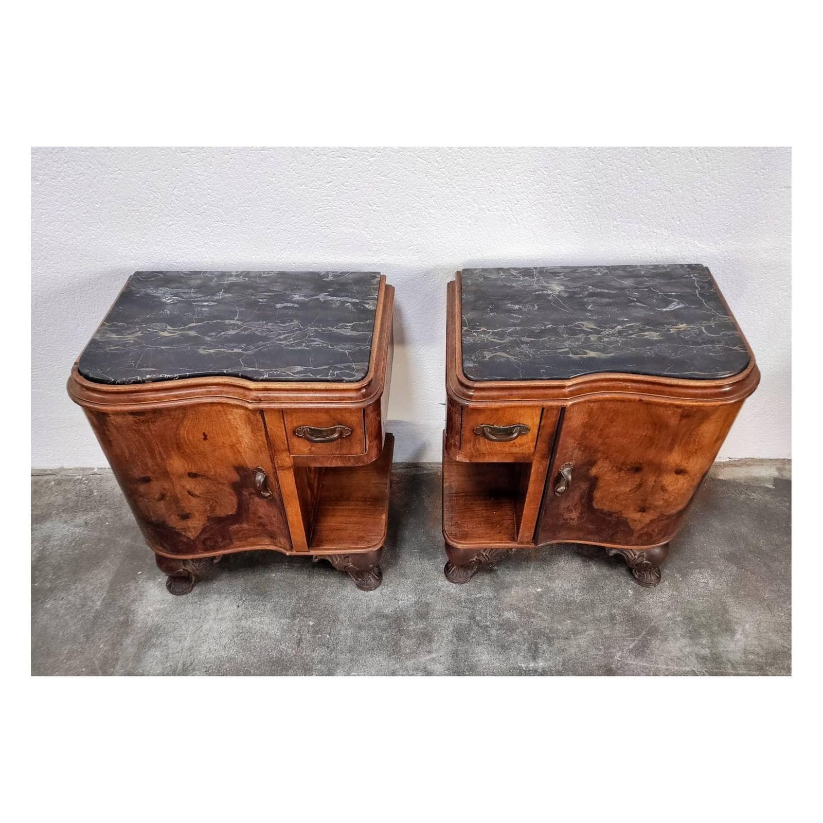 Pair Of Lixurious Art Deco Nightstands With Venetian Baroque Elements / Antique Bedside Tables With Nero Portoro Marble / Italy, 1920s photo 1620.0